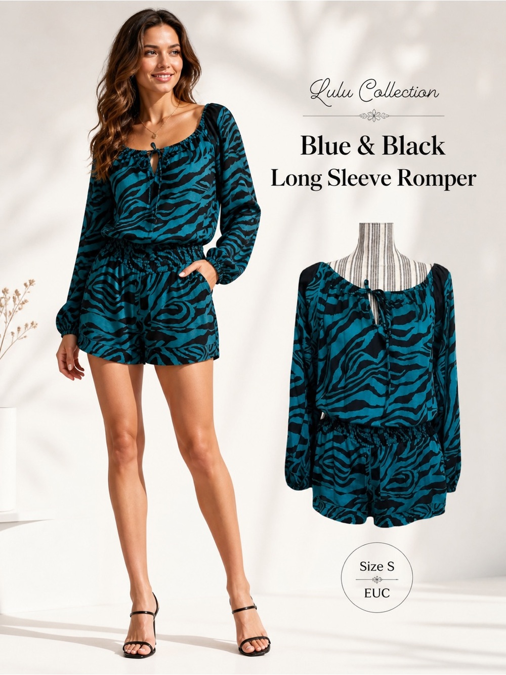 Lulu Collection Blue Black Zebra Print Long Sleeve Romper Size S EUC Boho Chic